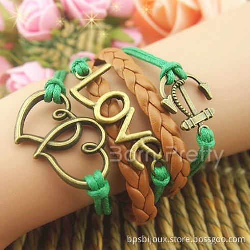 Retro Romantic Love Anchor Bracelet Double Heart Leather Cord Velvet Rope Bracelet